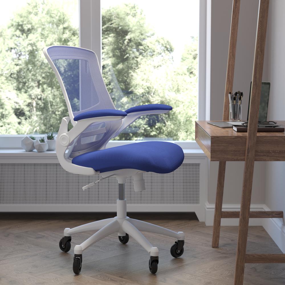 Mid-Back Blue Mesh Swivel Task Office Chair with White Frame. Picture 1