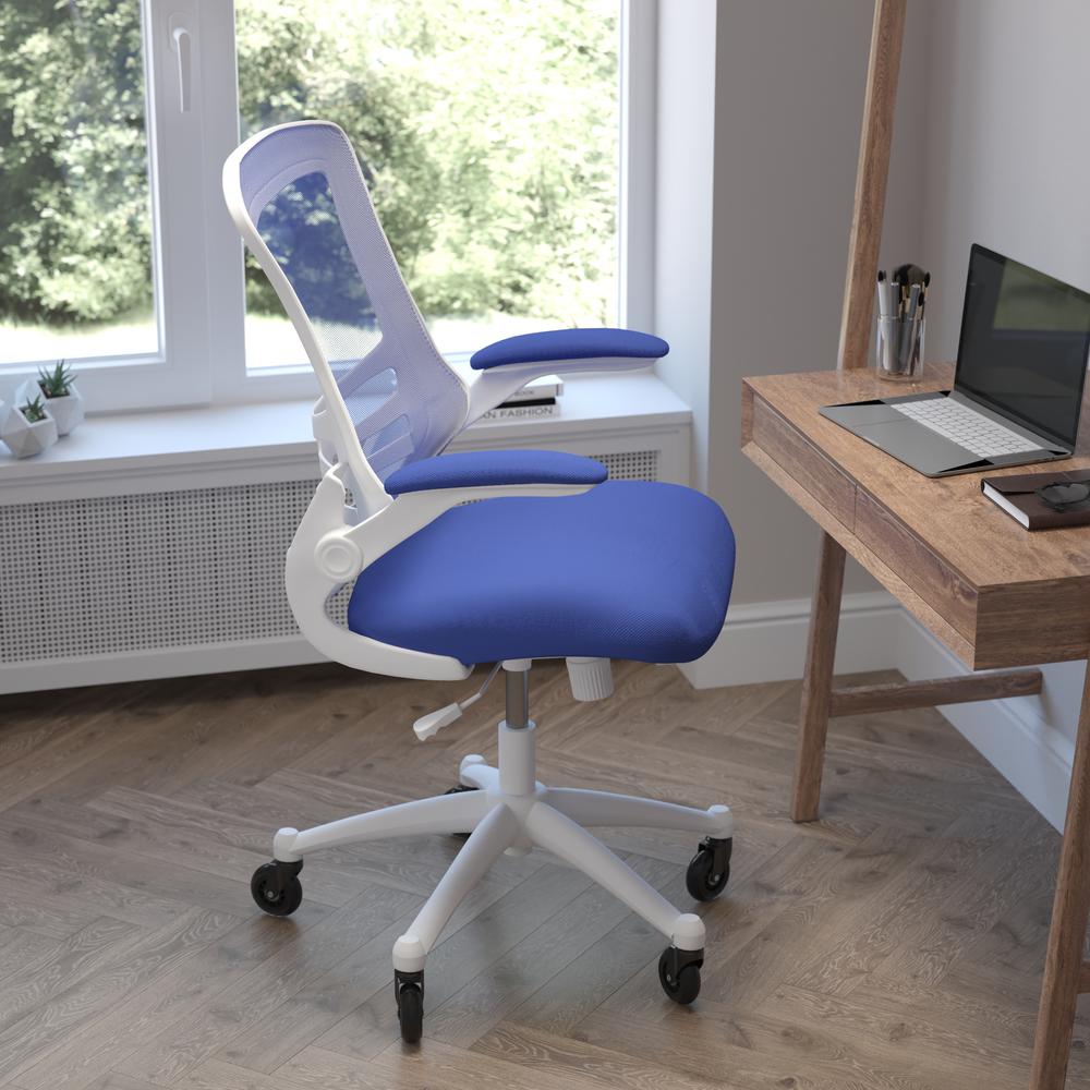 Mid-Back Blue Mesh Swivel Task Office Chair with White Frame. Picture 6