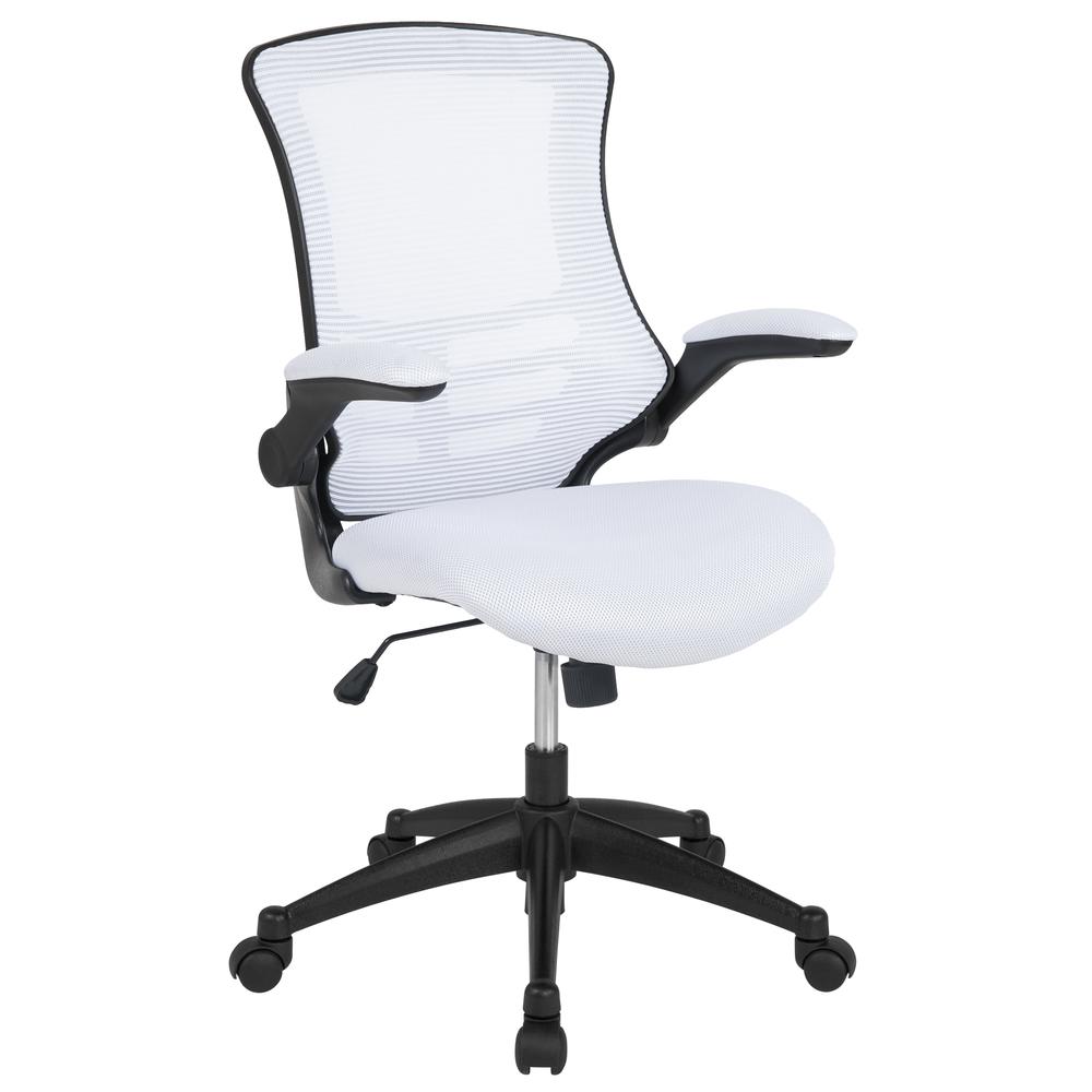 Mid-Back White Mesh Swivel Ergonomic Task Office Chair with Flip-Up Arms. The main picture.