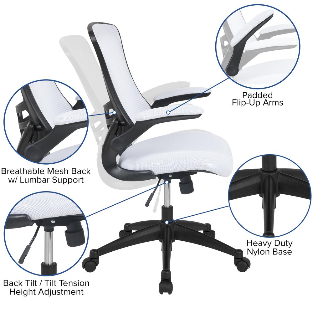 Mid-Back White Mesh Swivel Ergonomic Task Office Chair with Flip-Up Arms. Picture 6