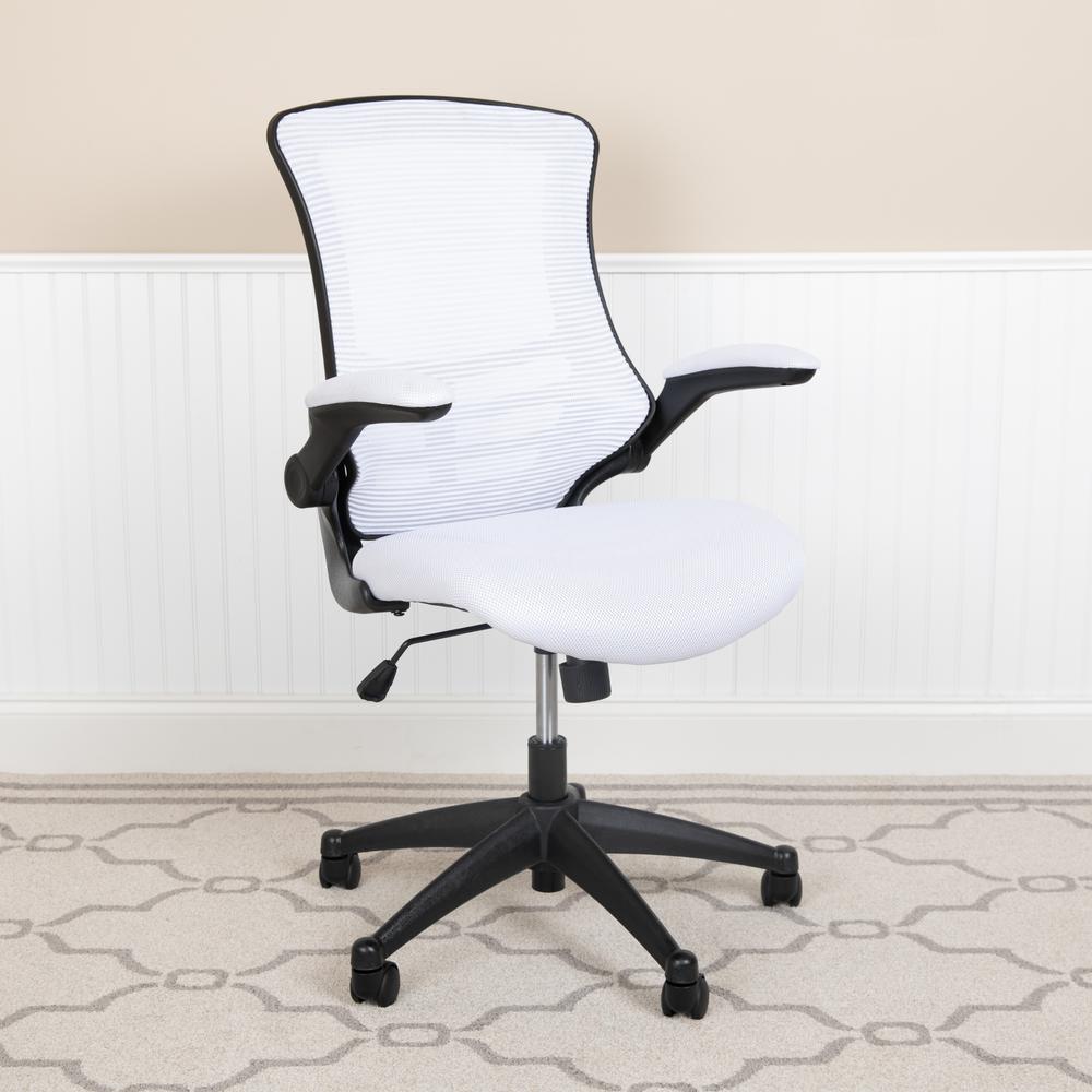 Mid-Back White Mesh Swivel Ergonomic Task Office Chair with Flip-Up Arms. Picture 2