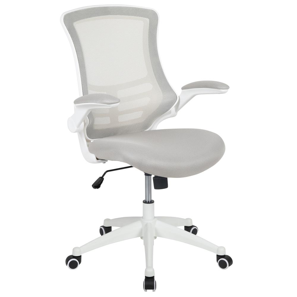 Mid-Back Light Gray Mesh Swivel Ergonomic Task Office Chair with White Frame and Flip-Up Arms. The main picture.