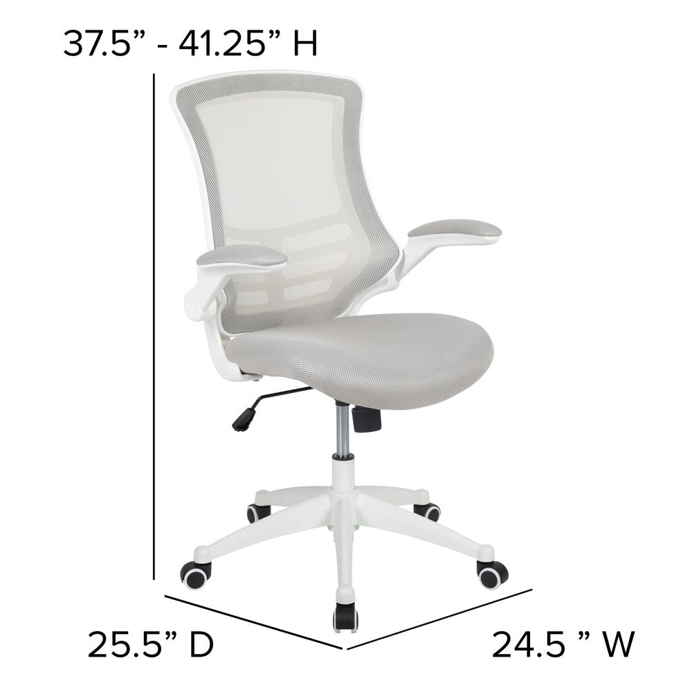 Mid-Back Light Gray Mesh Swivel Ergonomic Task Office Chair with White Frame and Flip-Up Arms. Picture 2