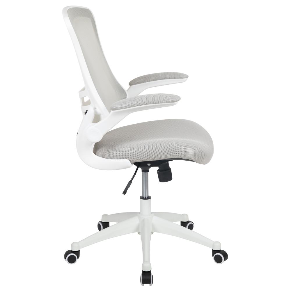 Mid-Back Light Gray Mesh Swivel Ergonomic Task Office Chair with White Frame and Flip-Up Arms. Picture 3