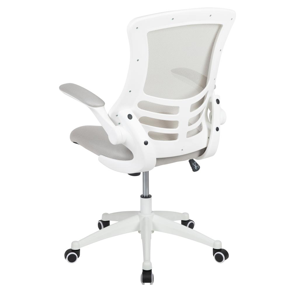 Mid-Back Light Gray Mesh Swivel Ergonomic Task Office Chair with White Frame and Flip-Up Arms. Picture 4