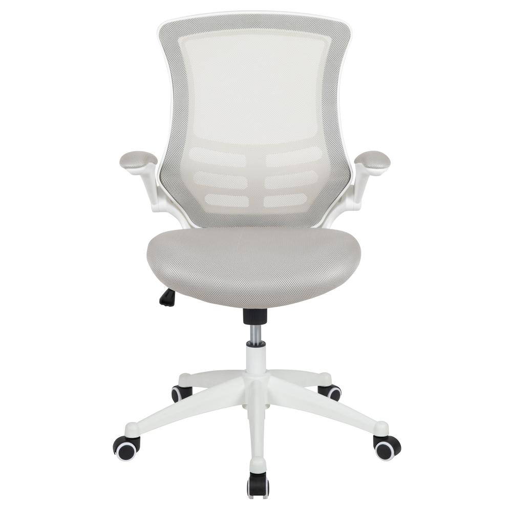Mid-Back Light Gray Mesh Swivel Ergonomic Task Office Chair with White Frame and Flip-Up Arms. Picture 5