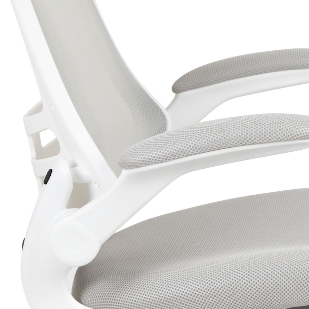 Mid-Back Light Gray Mesh Swivel Ergonomic Task Office Chair with White Frame and Flip-Up Arms. Picture 7