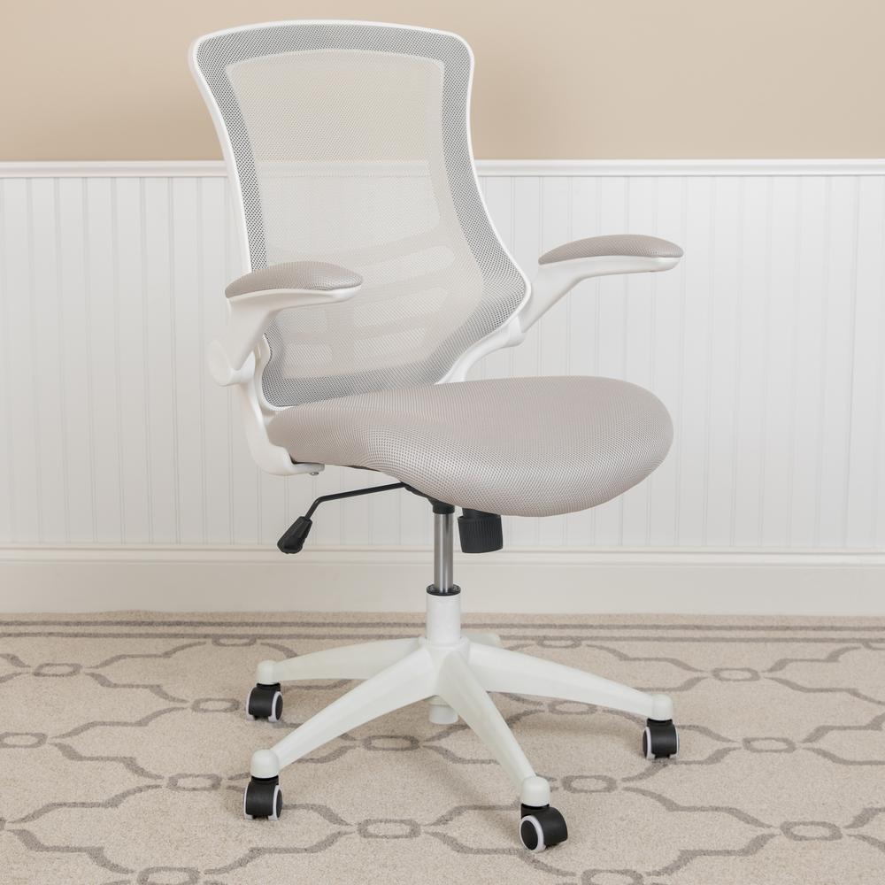 Mid-Back Light Gray Mesh Swivel Ergonomic Task Office Chair with White Frame and Flip-Up Arms. Picture 11