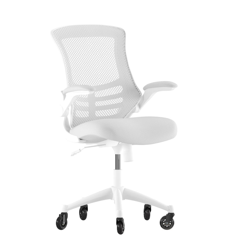 Kelista Mid-Back Light Gray Mesh Swivel Ergonomic Task Office Chair with White Frame, Flip-Up Arms, and Transparent Roller Wheels. Picture 2