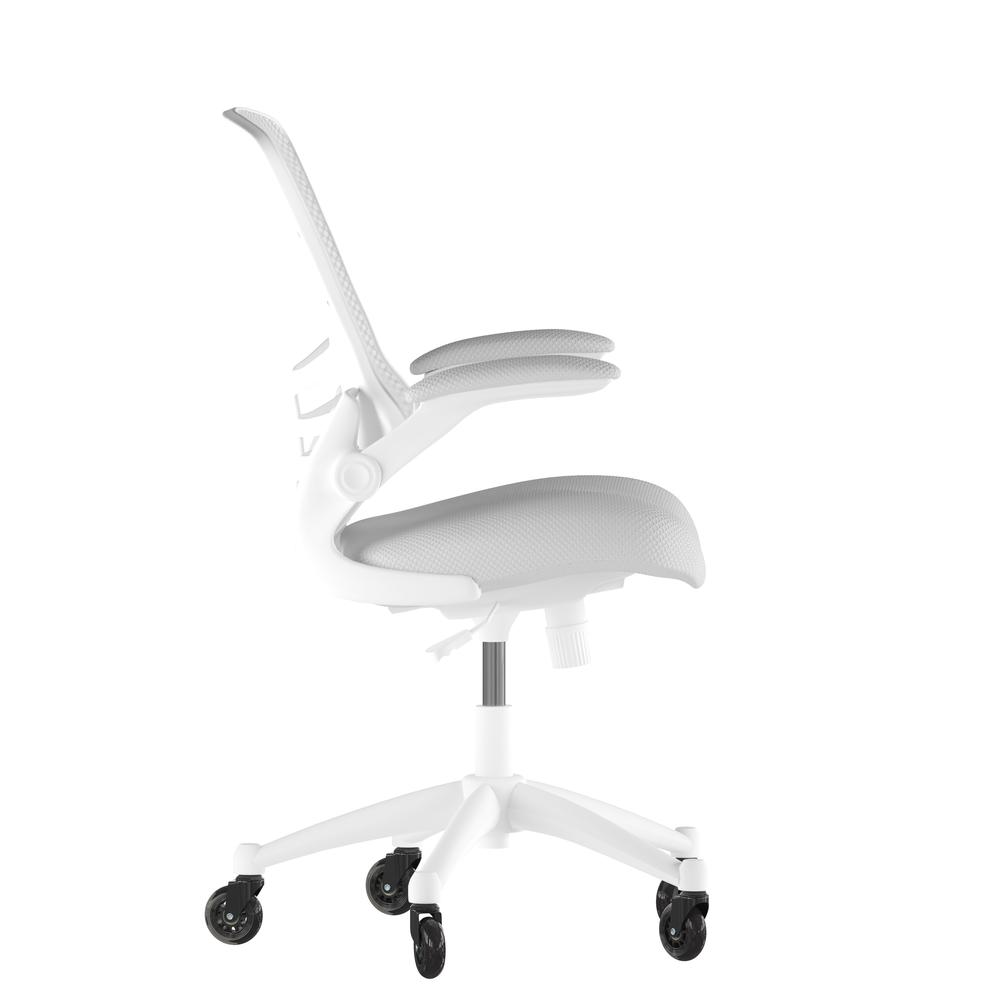 Kelista Mid-Back Light Gray Mesh Swivel Ergonomic Task Office Chair with White Frame, Flip-Up Arms, and Transparent Roller Wheels. Picture 8
