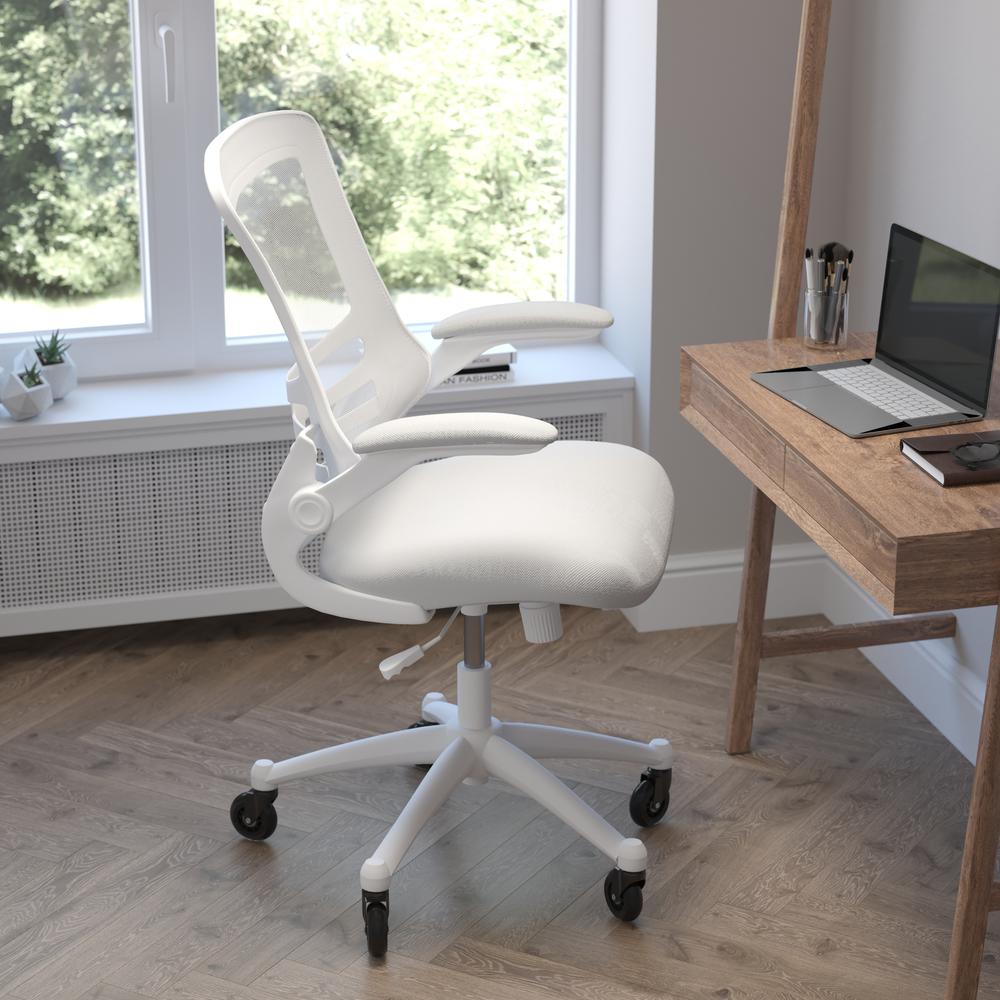 Kelista Mid-Back Light Gray Mesh Swivel Ergonomic Task Office Chair with White Frame, Flip-Up Arms, and Transparent Roller Wheels. Picture 6