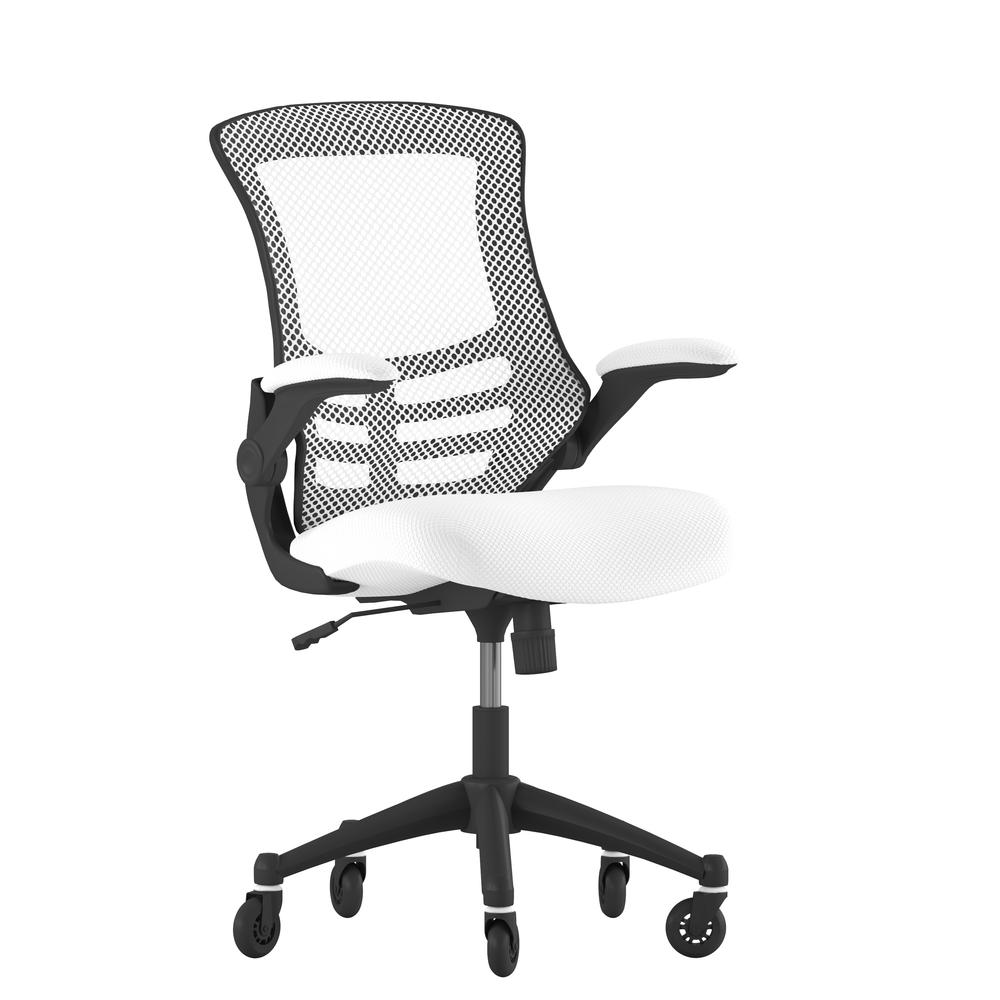 Mid-Back White Mesh Swivel Task Office Chair with Flip-Up Arms and Roller Wheels. Picture 2