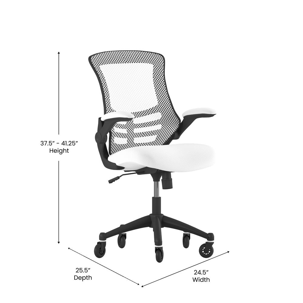 Mid-Back White Mesh Swivel Task Office Chair with Flip-Up Arms and Roller Wheels. Picture 5