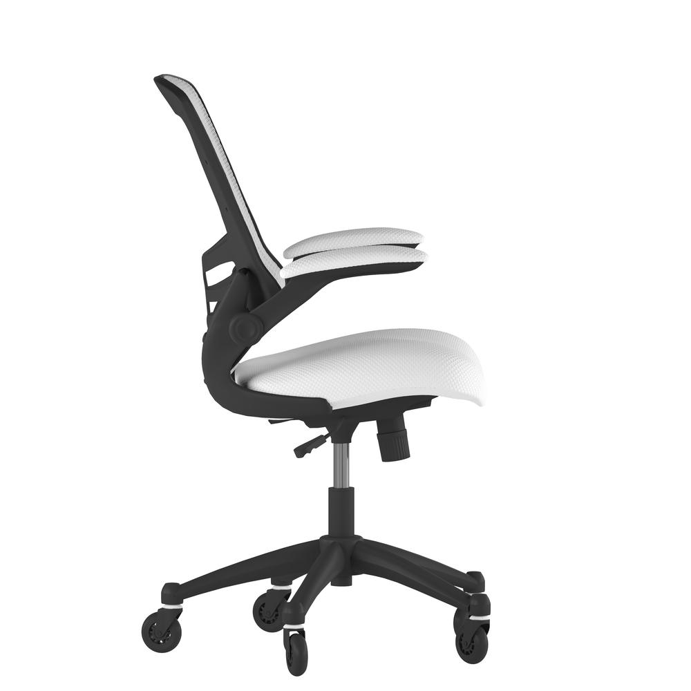 Mid-Back White Mesh Swivel Task Office Chair with Flip-Up Arms and Roller Wheels. Picture 8