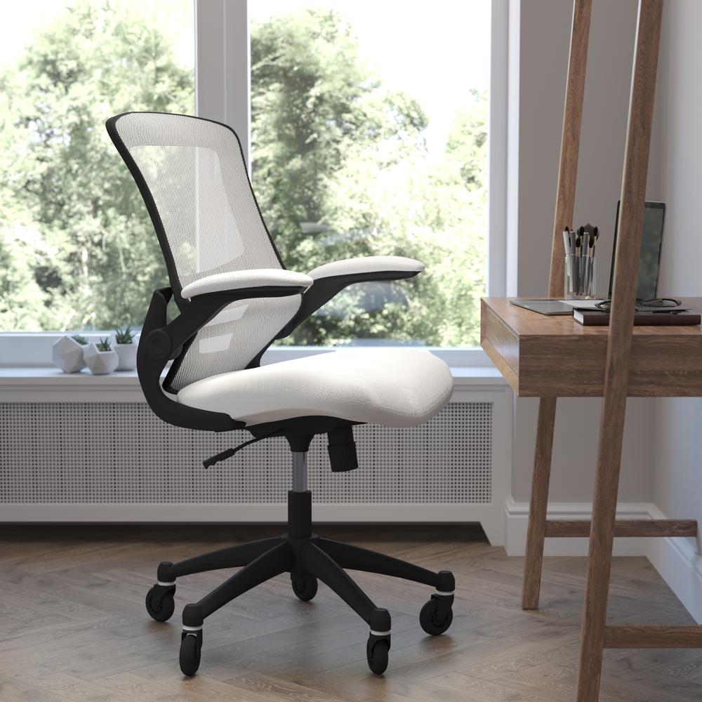 Mid-Back White Mesh Swivel Task Office Chair with Flip-Up Arms and Roller Wheels. Picture 1