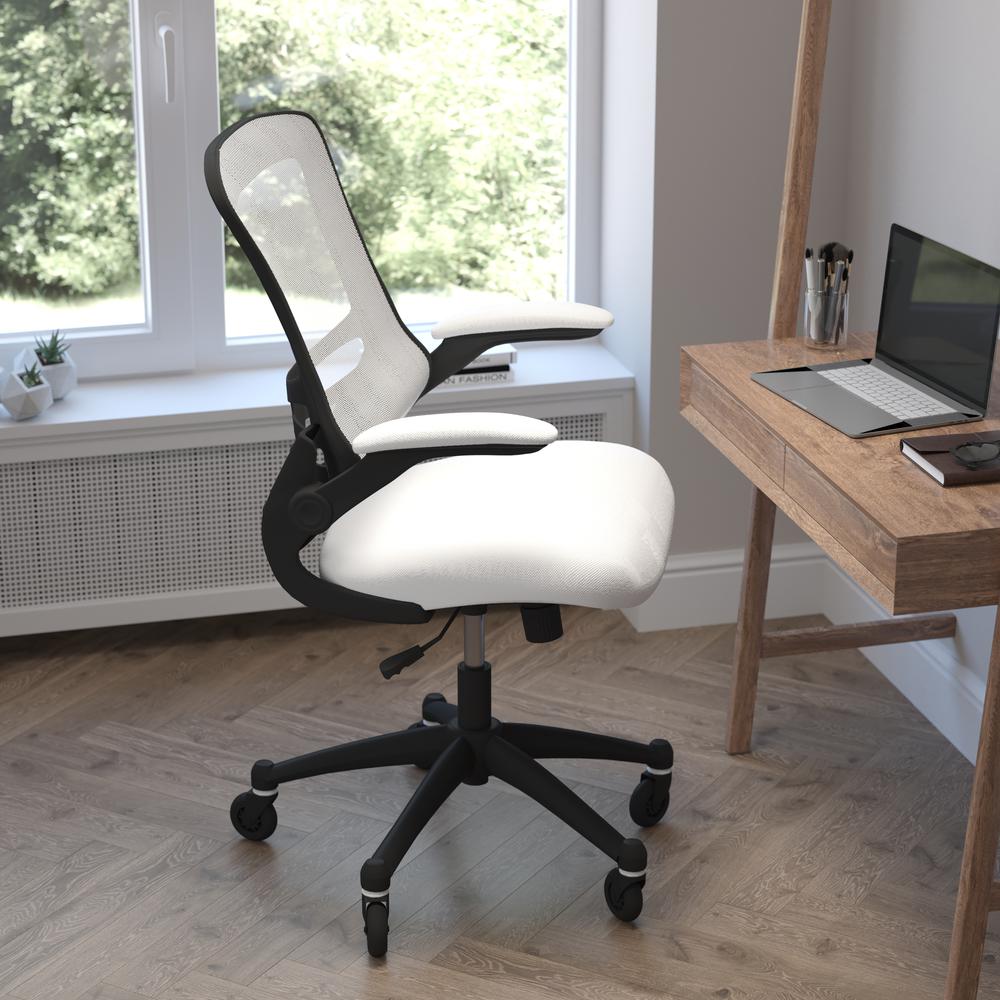 Mid-Back White Mesh Swivel Task Office Chair with Flip-Up Arms and Roller Wheels. Picture 6