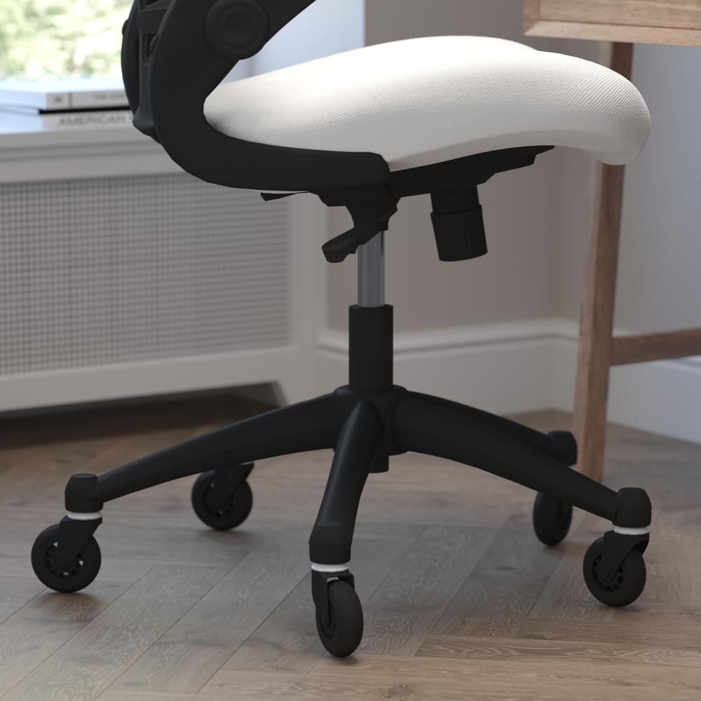 Mid-Back White Mesh Swivel Task Office Chair with Flip-Up Arms and Roller Wheels. Picture 7