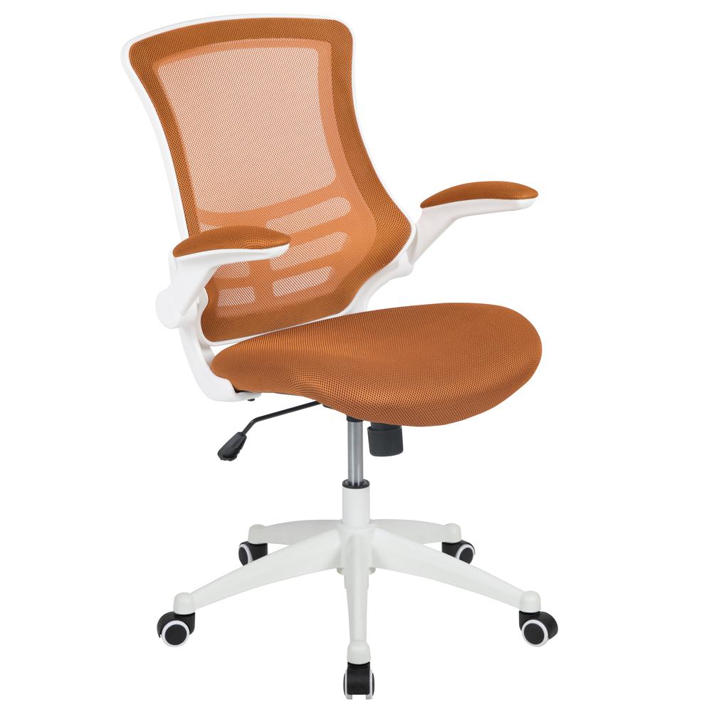 Mid-Back Tan Mesh Swivel Ergonomic Task Office Chair with White Frame and Flip-Up Arms. The main picture.