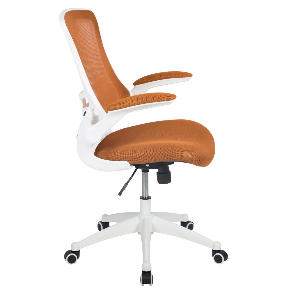 Mid-Back Tan Mesh Swivel Ergonomic Task Office Chair with White Frame and Flip-Up Arms. Picture 3