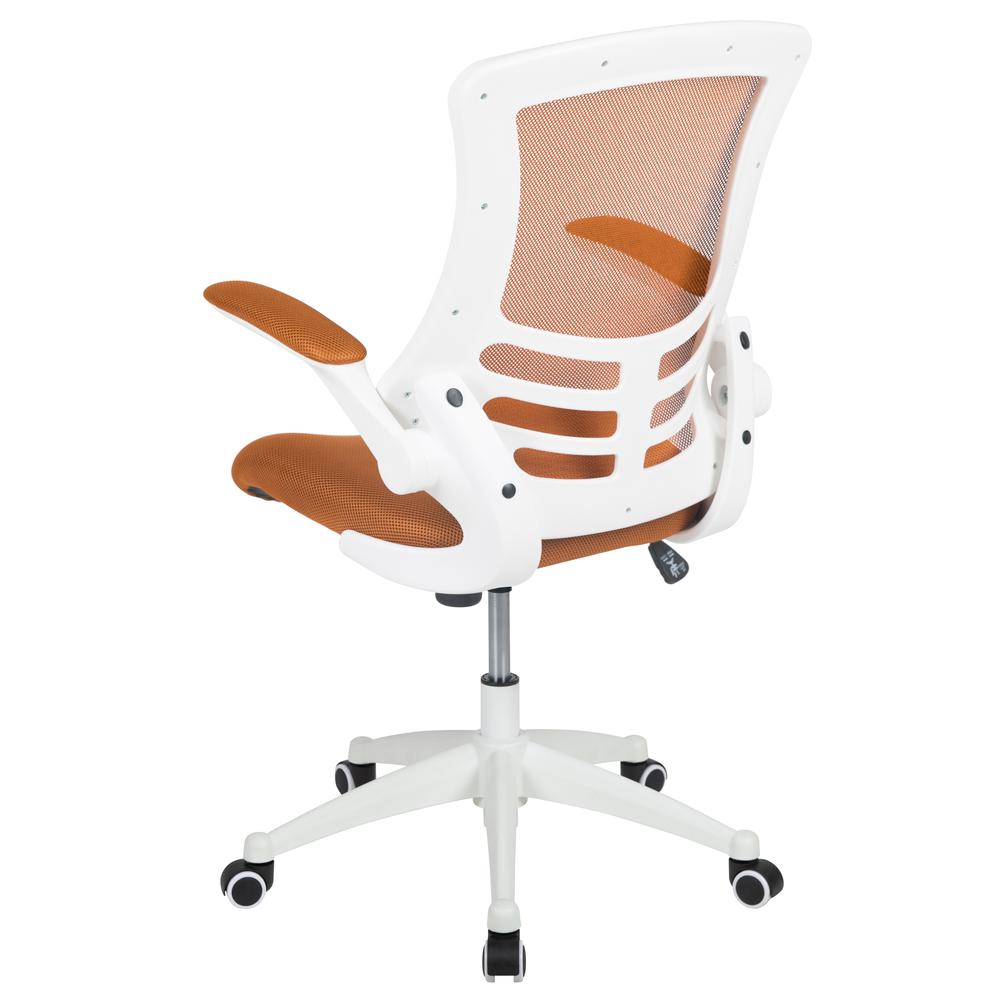 Mid-Back Tan Mesh Swivel Ergonomic Task Office Chair with White Frame and Flip-Up Arms. Picture 5