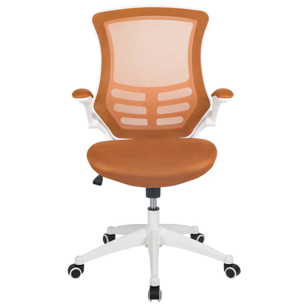 Mid-Back Tan Mesh Swivel Ergonomic Task Office Chair with White Frame and Flip-Up Arms. Picture 5