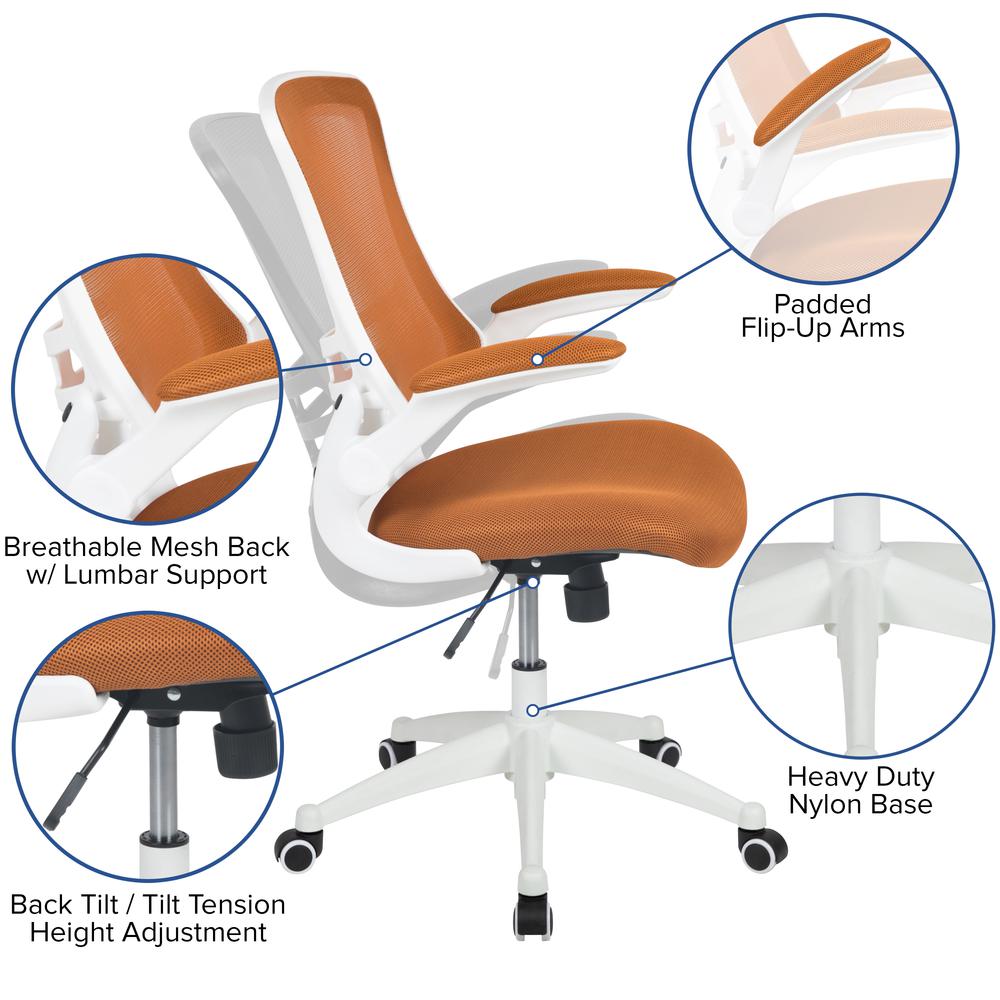 Mid-Back Tan Mesh Swivel Ergonomic Task Office Chair with White Frame and Flip-Up Arms. Picture 3