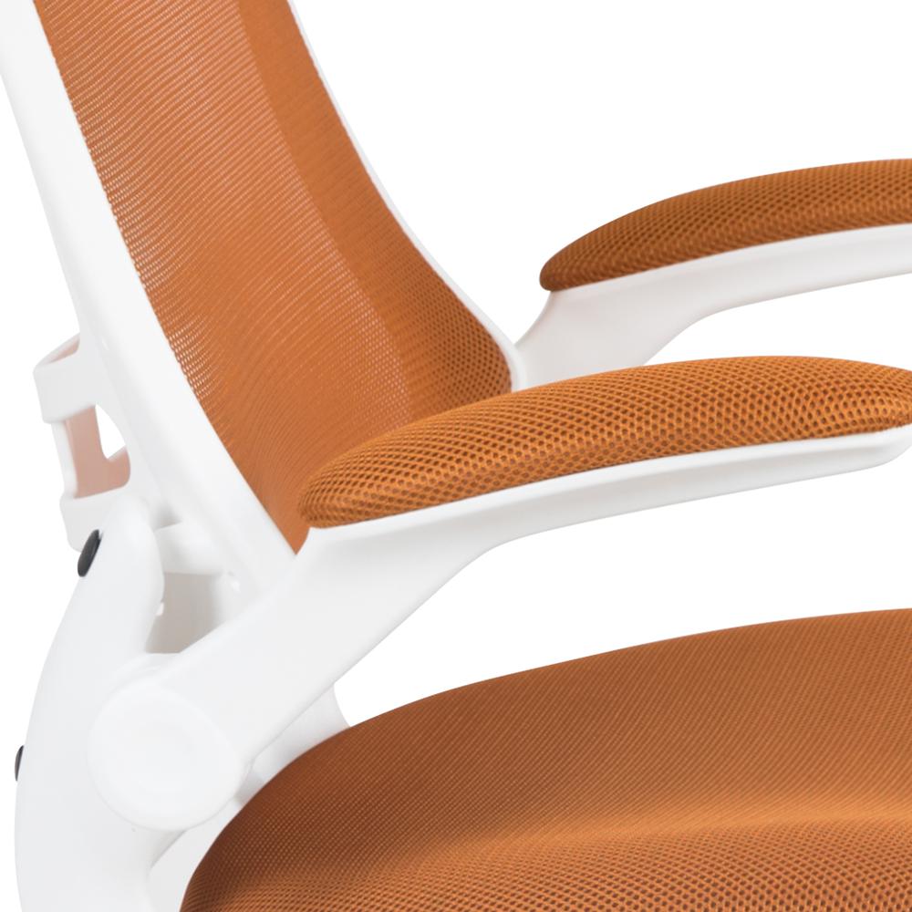 Mid-Back Tan Mesh Swivel Ergonomic Task Office Chair with White Frame and Flip-Up Arms. Picture 7
