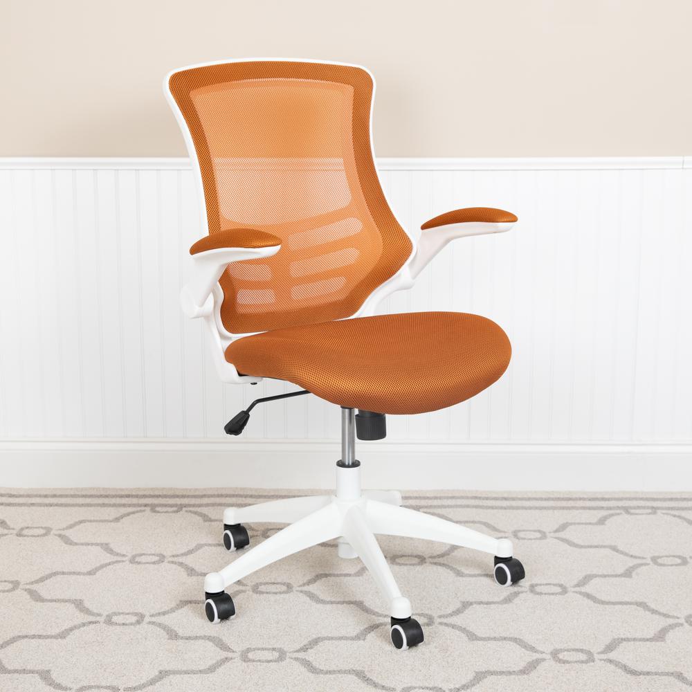 Mid-Back Tan Mesh Swivel Ergonomic Task Office Chair with White Frame and Flip-Up Arms. Picture 2