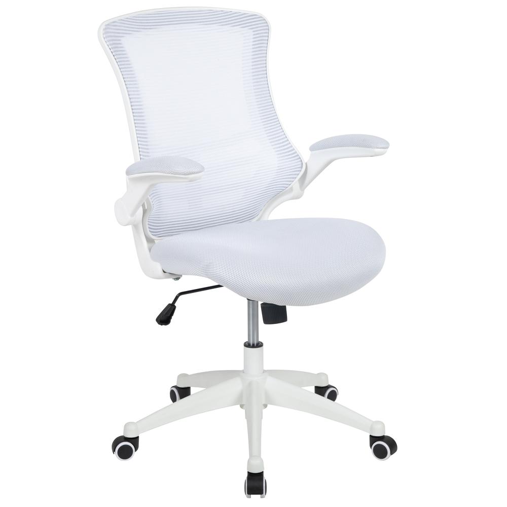 Mid-Back White Mesh Swivel Ergonomic Task Office Chair with White Frame and Flip-Up Arms. The main picture.