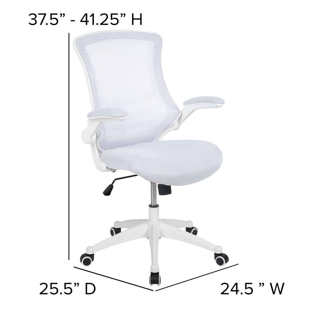 Mid-Back White Mesh Swivel Ergonomic Task Office Chair with White Frame and Flip-Up Arms. Picture 2