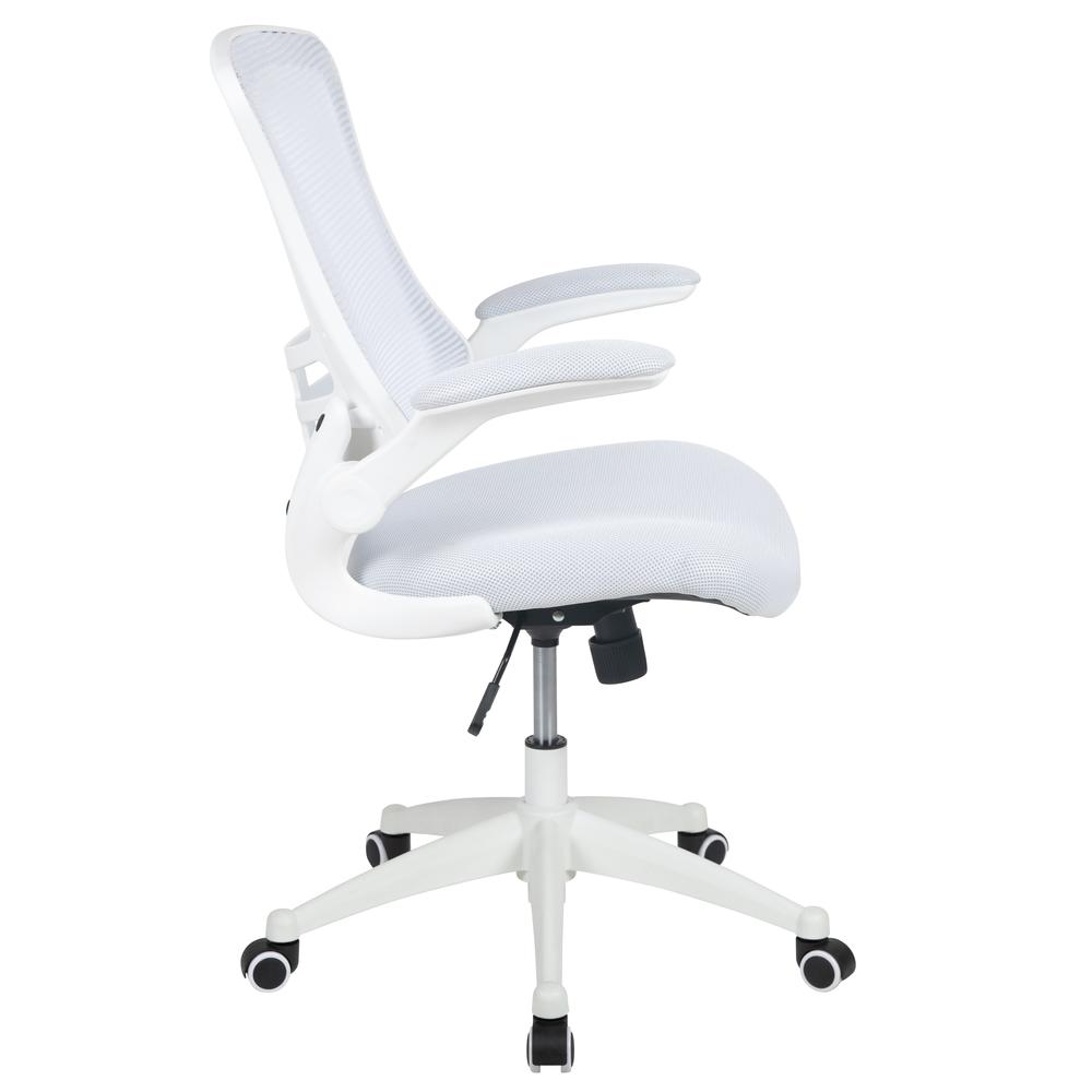 Mid-Back White Mesh Swivel Ergonomic Task Office Chair with White Frame and Flip-Up Arms. Picture 3