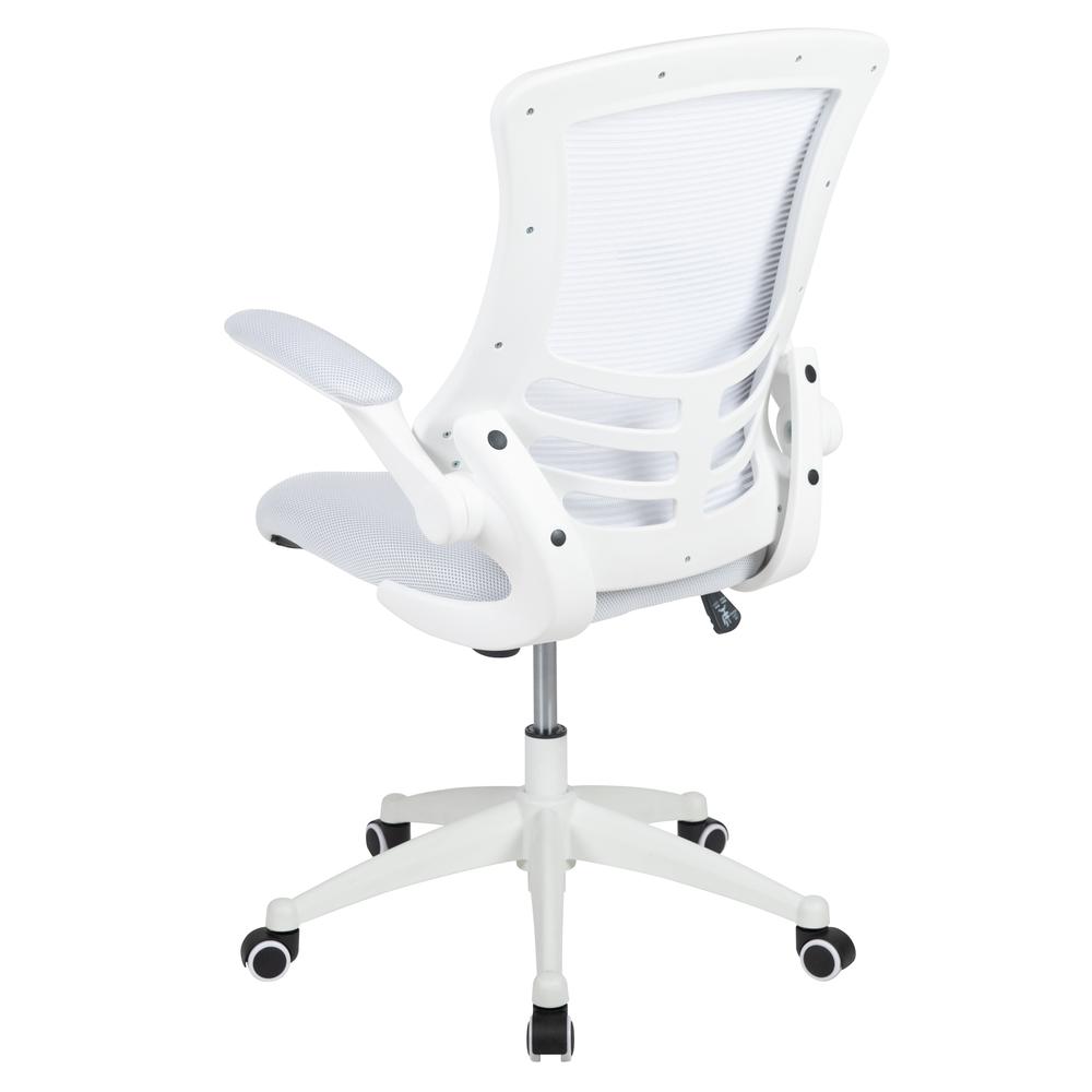 Mid-Back White Mesh Swivel Ergonomic Task Office Chair with White Frame and Flip-Up Arms. Picture 4