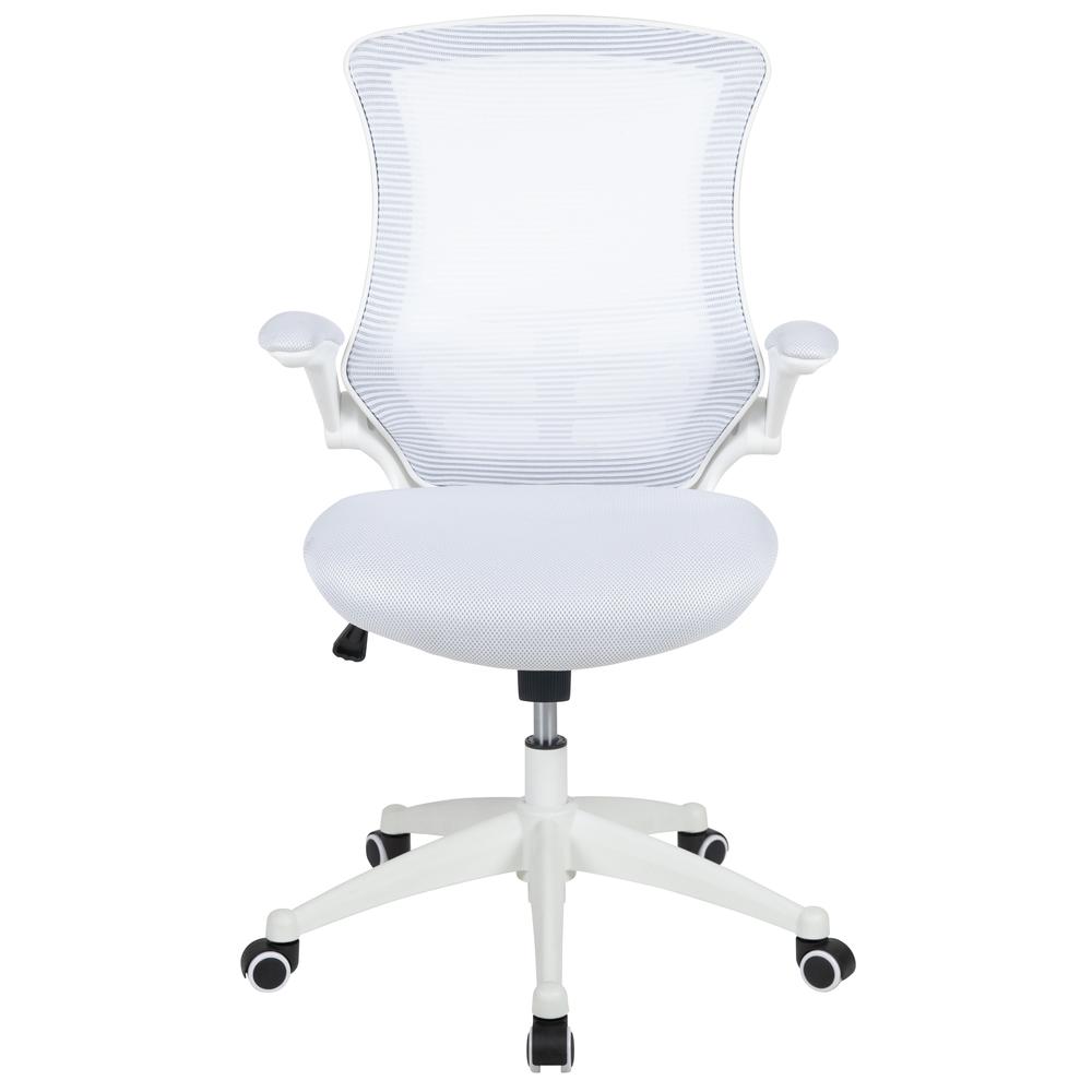 Mid-Back White Mesh Swivel Ergonomic Task Office Chair with White Frame and Flip-Up Arms. Picture 5