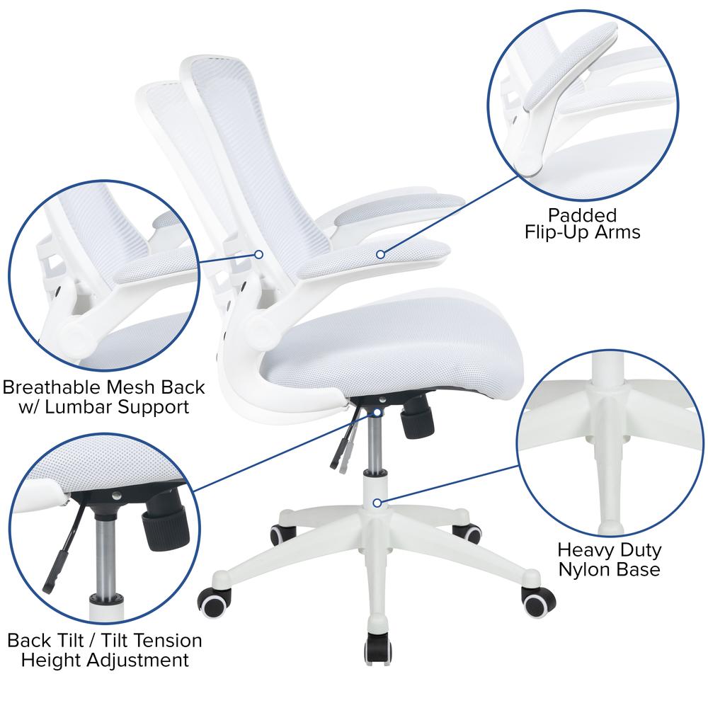 Mid-Back White Mesh Swivel Ergonomic Task Office Chair with White Frame and Flip-Up Arms. Picture 6