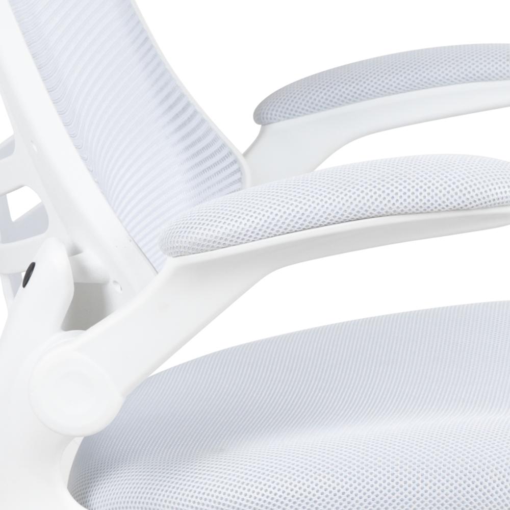 Mid-Back White Mesh Swivel Ergonomic Task Office Chair with White Frame and Flip-Up Arms. Picture 7