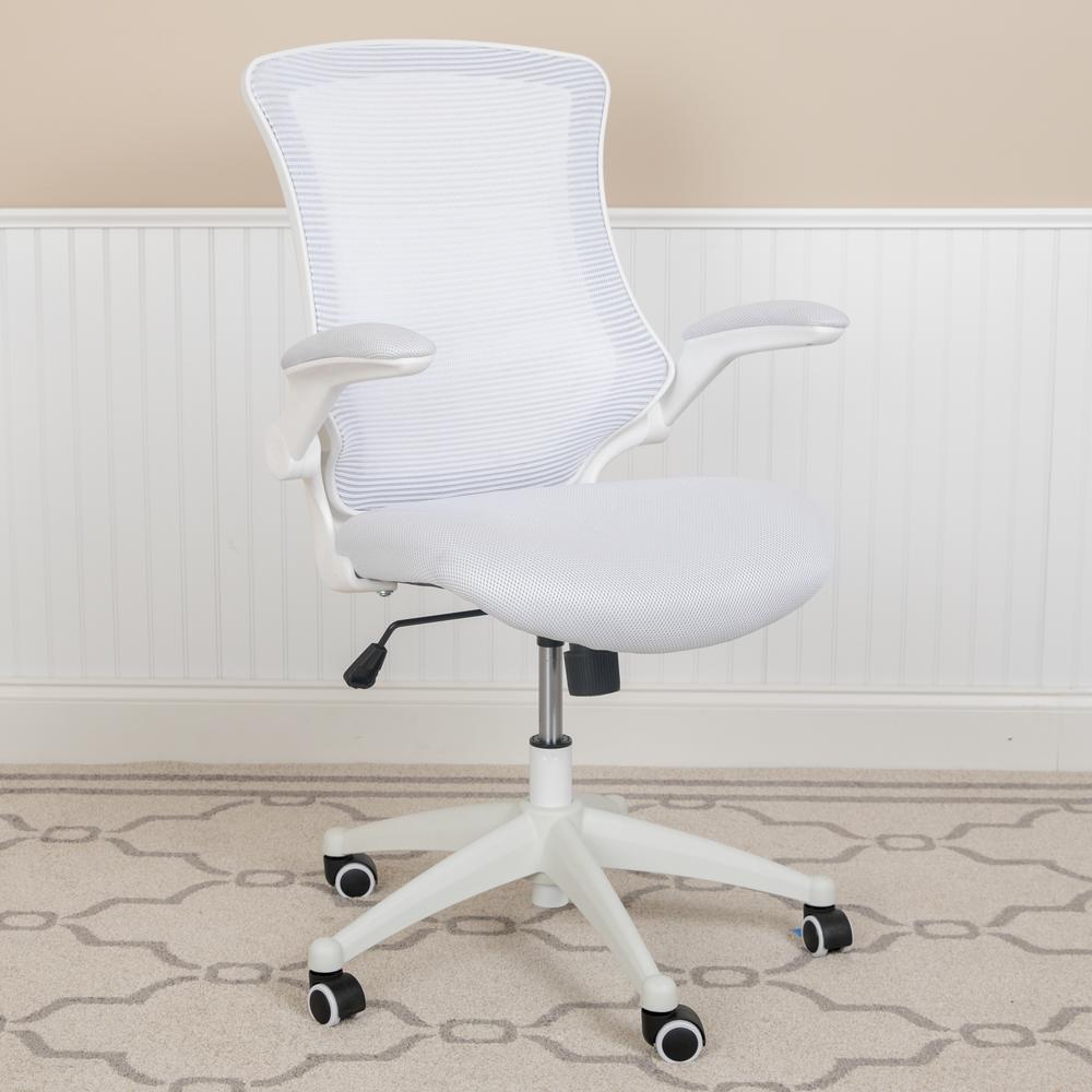 Mid-Back White Mesh Swivel Ergonomic Task Office Chair with White Frame and Flip-Up Arms. Picture 11