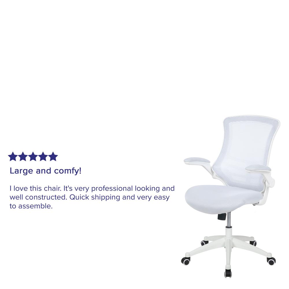 Mid-Back White Mesh Swivel Ergonomic Task Office Chair with White Frame and Flip-Up Arms. Picture 12