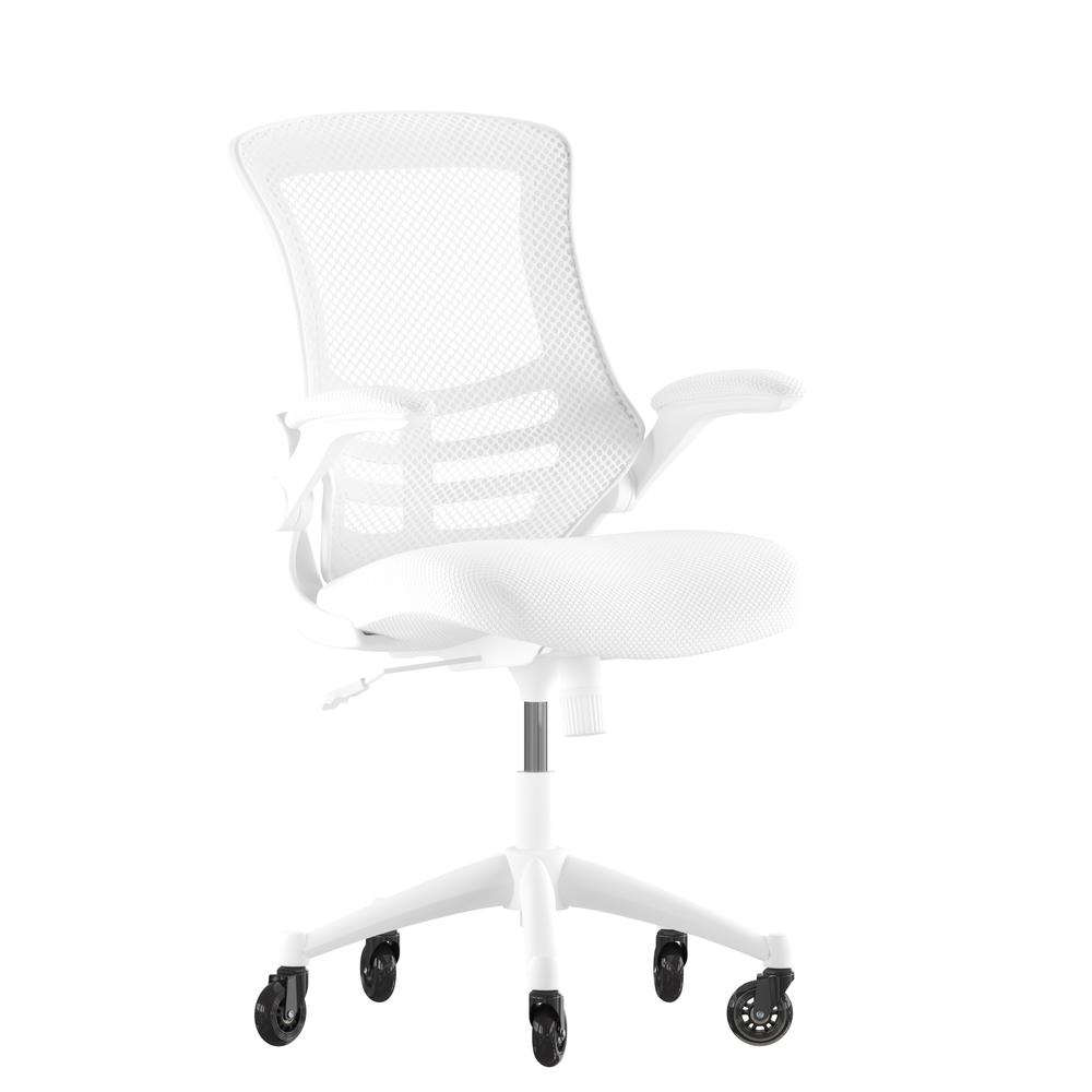 Kelista Mid-Back White Mesh Swivel Ergonomic Task Office Chair with White Frame, Flip-Up Arms, and Transparent Roller Wheels. Picture 2