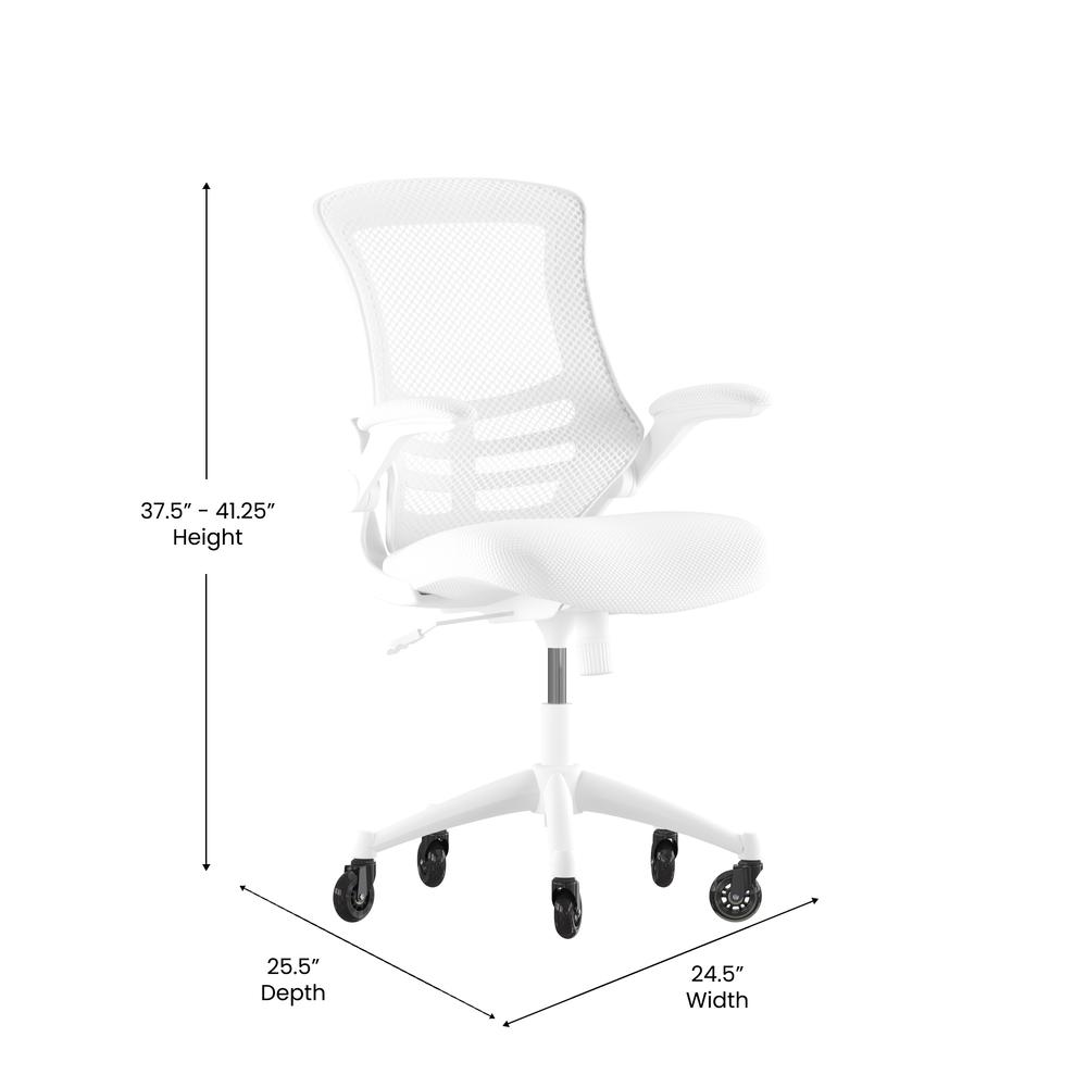 Kelista Mid-Back White Mesh Swivel Ergonomic Task Office Chair with White Frame, Flip-Up Arms, and Transparent Roller Wheels. Picture 5