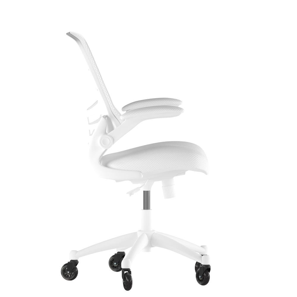 Kelista Mid-Back White Mesh Swivel Ergonomic Task Office Chair with White Frame, Flip-Up Arms, and Transparent Roller Wheels. Picture 8