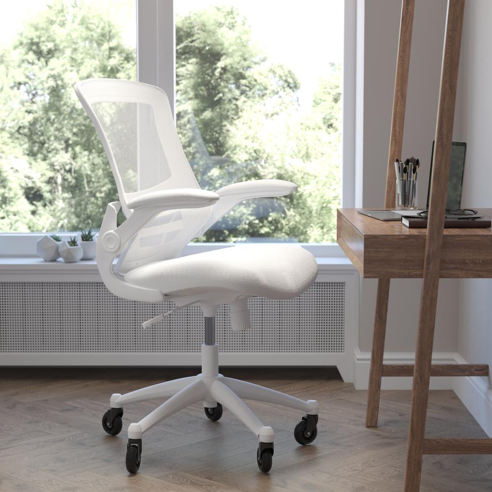 Kelista Mid-Back White Mesh Swivel Ergonomic Task Office Chair with White Frame, Flip-Up Arms, and Transparent Roller Wheels. Picture 1