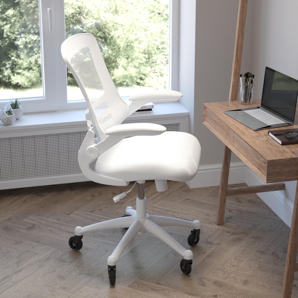 Kelista Mid-Back White Mesh Swivel Ergonomic Task Office Chair with White Frame, Flip-Up Arms, and Transparent Roller Wheels. Picture 6