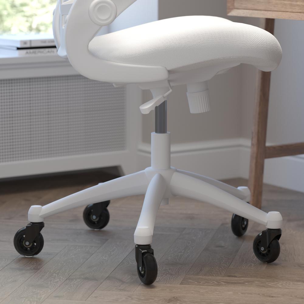 Kelista Mid-Back White Mesh Swivel Ergonomic Task Office Chair with White Frame, Flip-Up Arms, and Transparent Roller Wheels. Picture 7