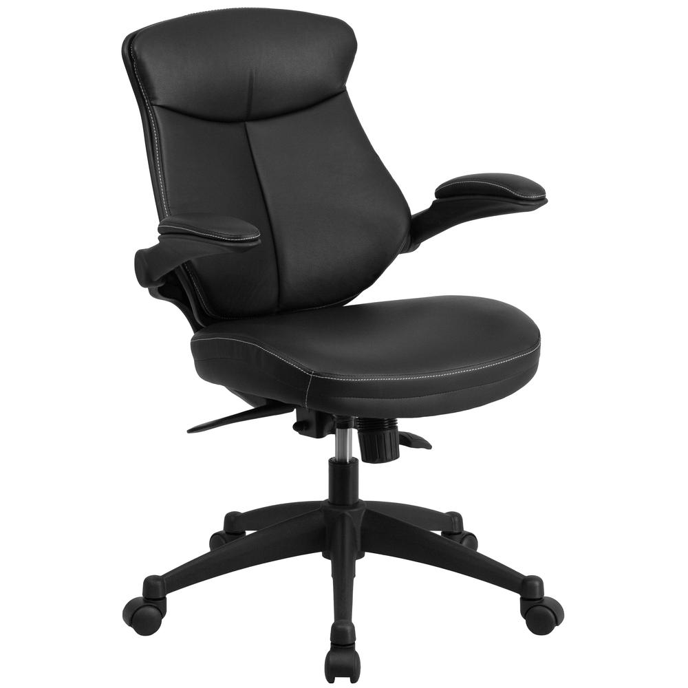 Mid-Back Black LeatherSoft Executive Swivel Ergonomic Office Chair with Back Angle Adjustment and Flip-Up Arms. Picture 1