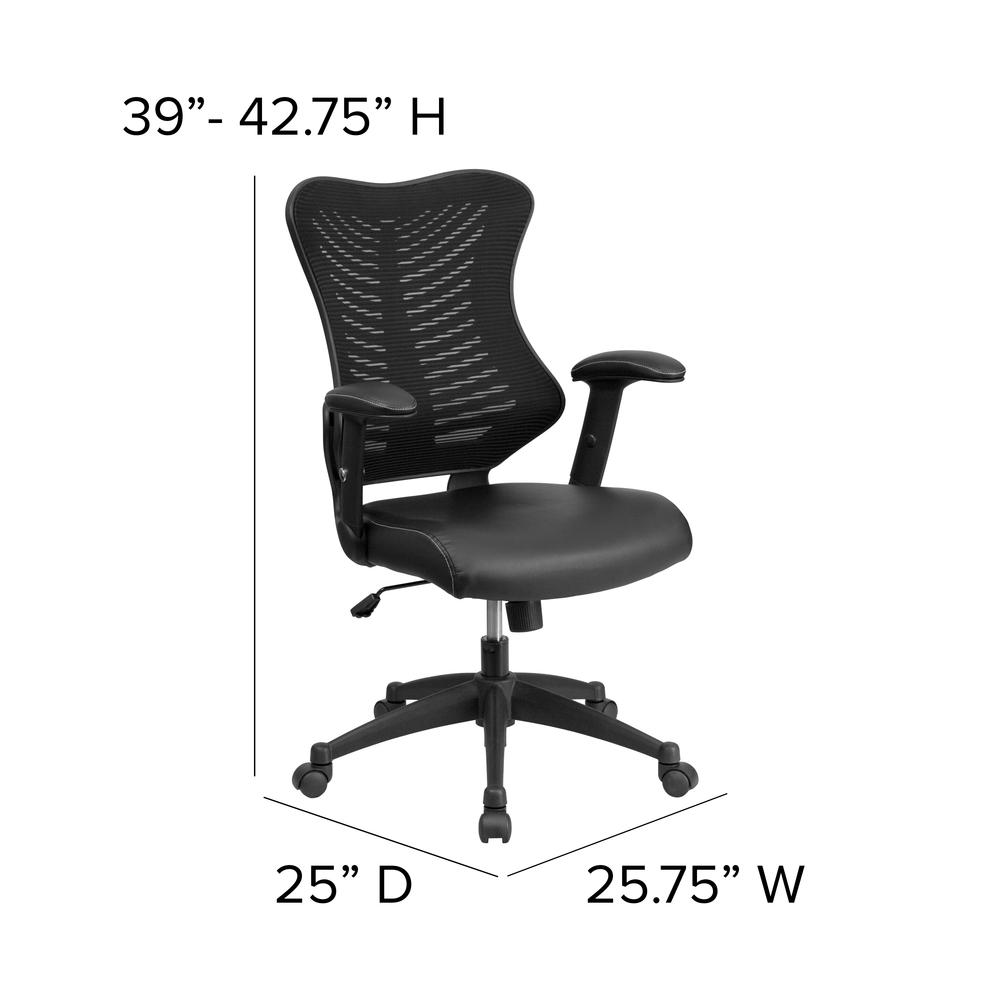 High Back Designer Black Mesh Executive Swivel Ergonomic Office Chair with LeatherSoft Seat and Adjustable Arms. Picture 2