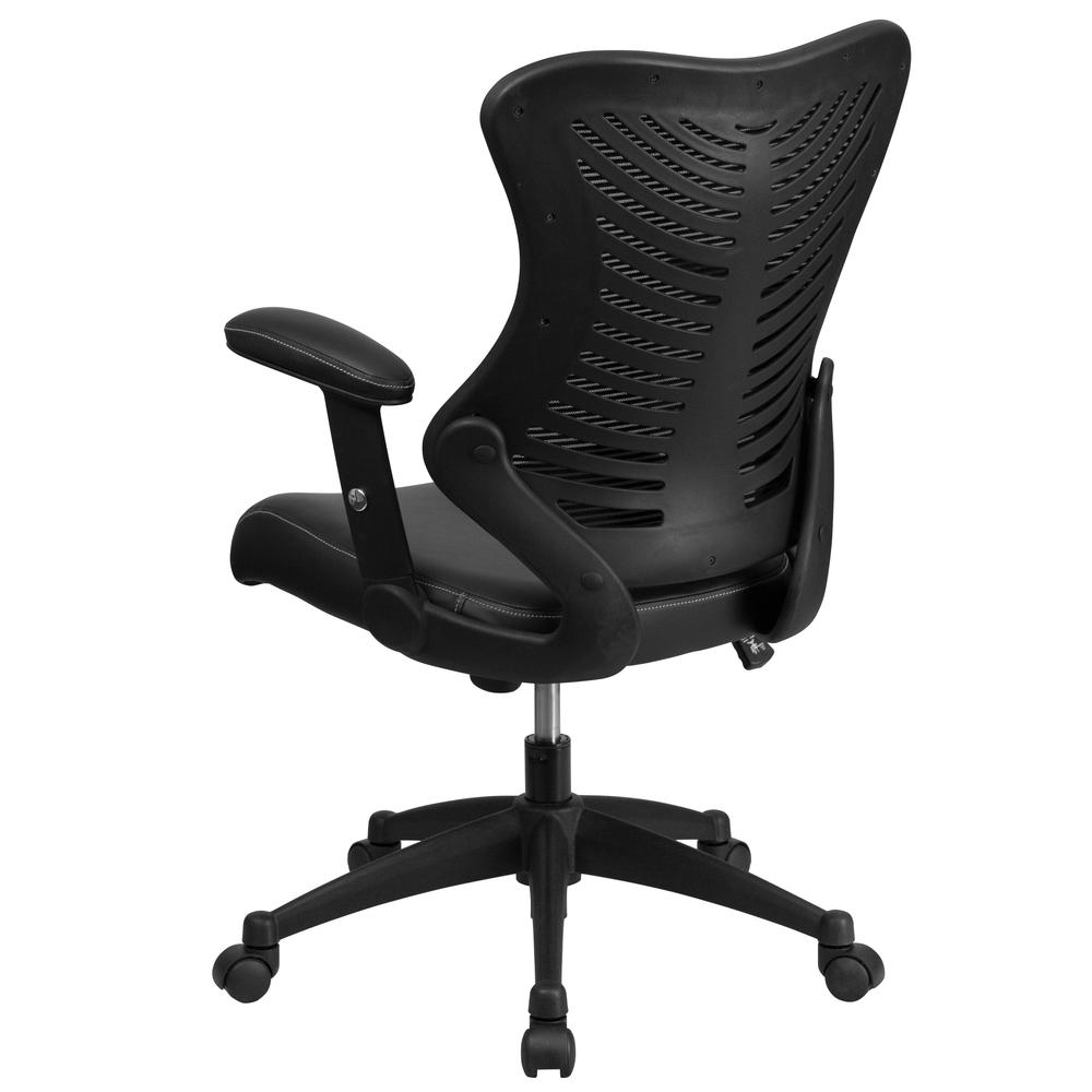 High Back Designer Black Mesh Executive Swivel Ergonomic Office Chair with LeatherSoft Seat and Adjustable Arms. Picture 4
