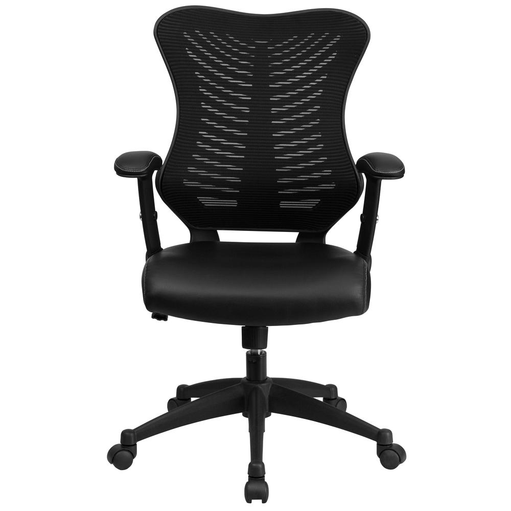 High Back Designer Black Mesh Executive Swivel Ergonomic Office Chair with LeatherSoft Seat and Adjustable Arms. Picture 5