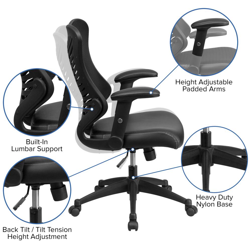 High Back Designer Black Mesh Executive Swivel Ergonomic Office Chair with LeatherSoft Seat and Adjustable Arms. Picture 6