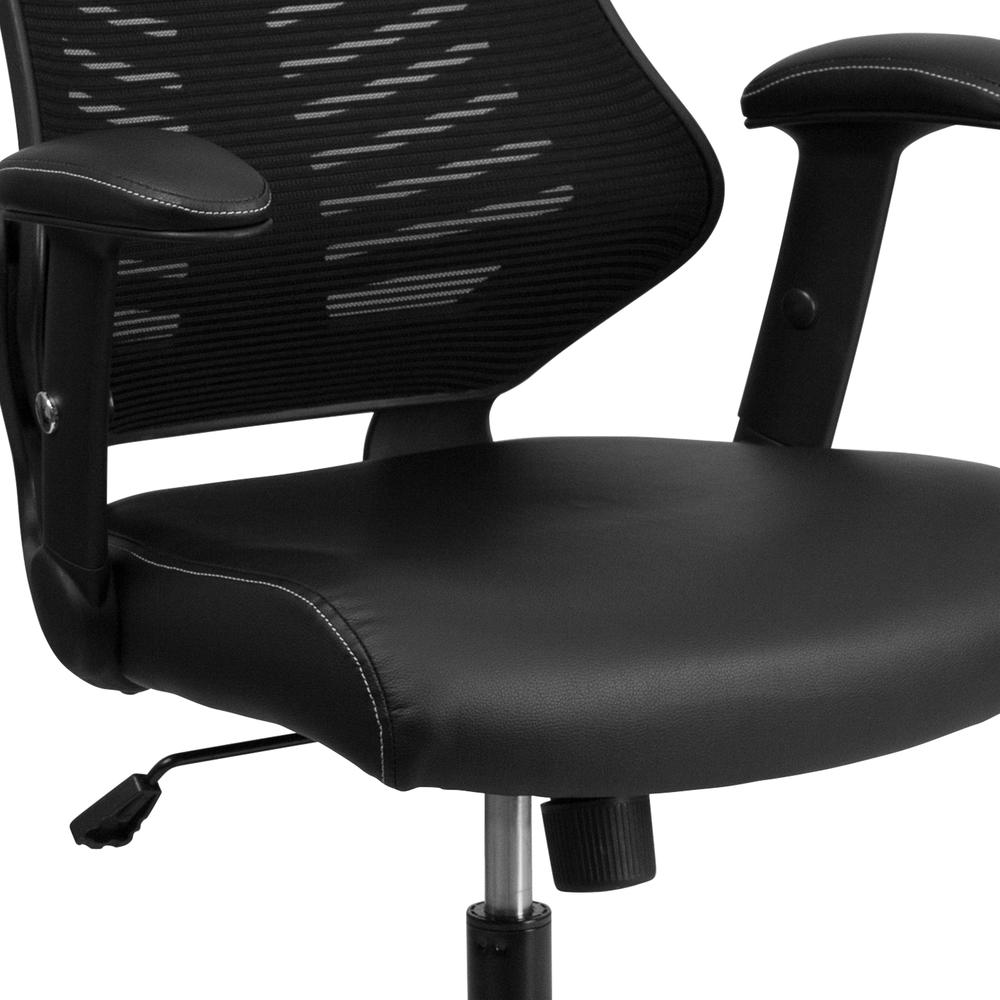 High Back Designer Black Mesh Executive Swivel Ergonomic Office Chair with LeatherSoft Seat and Adjustable Arms. Picture 7