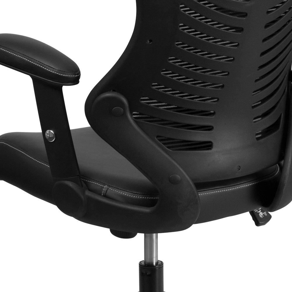 High Back Designer Black Mesh Executive Swivel Ergonomic Office Chair with LeatherSoft Seat and Adjustable Arms. Picture 8